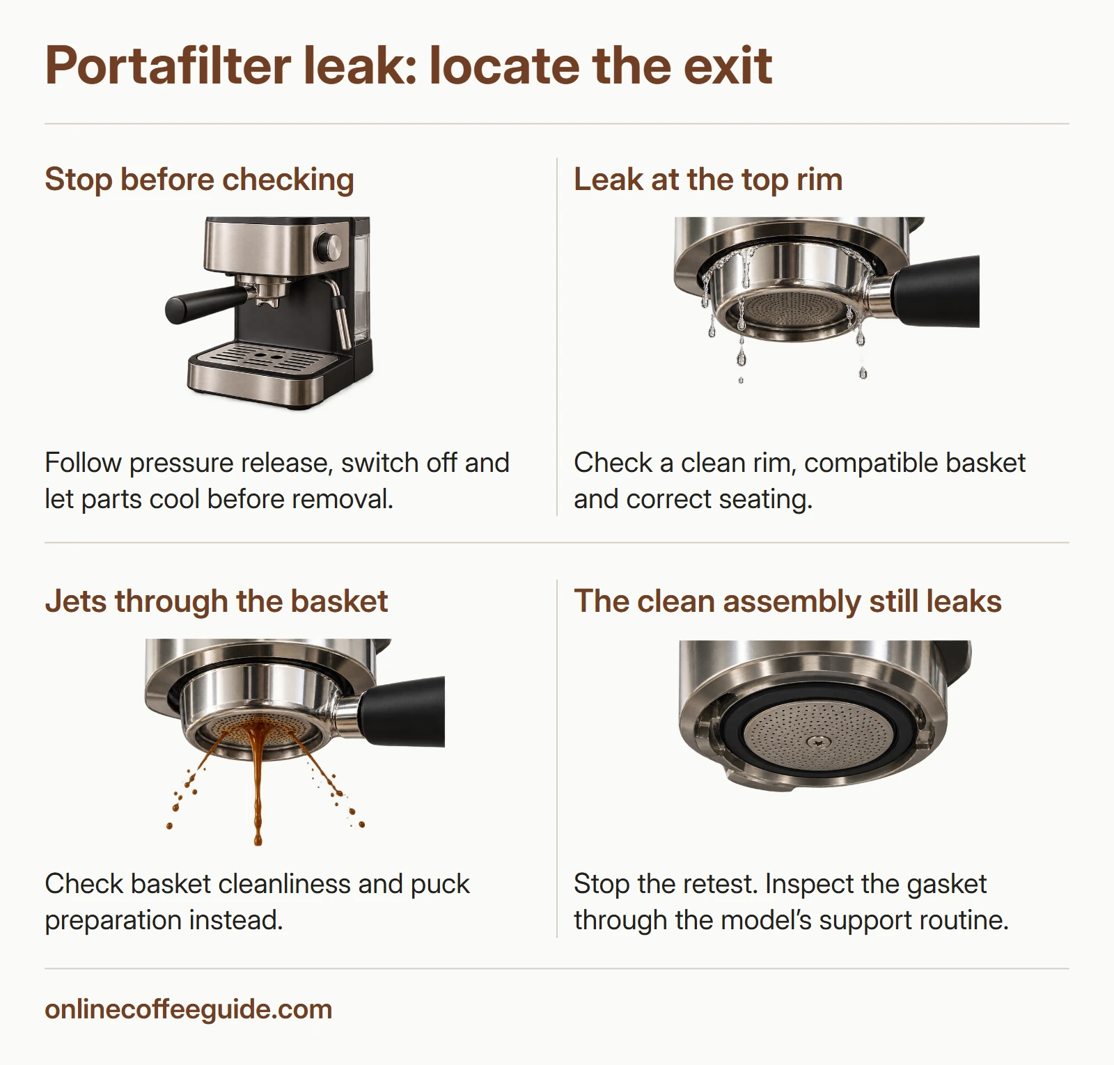 Liquid escaping at the portafilter rim compared with jets passing through a bottomless basket.