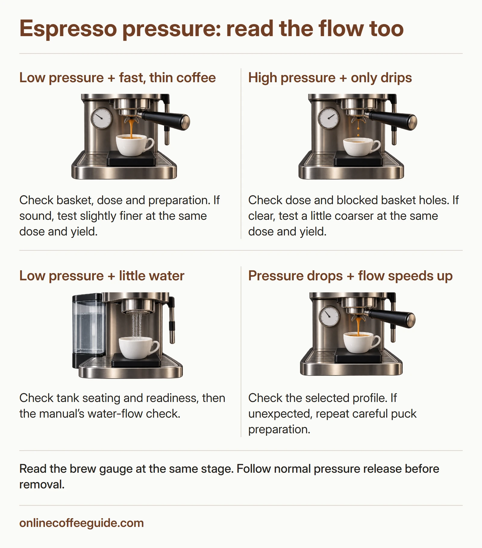 Low, high and falling espresso-pressure readings paired with the flow clues that guide the next check.