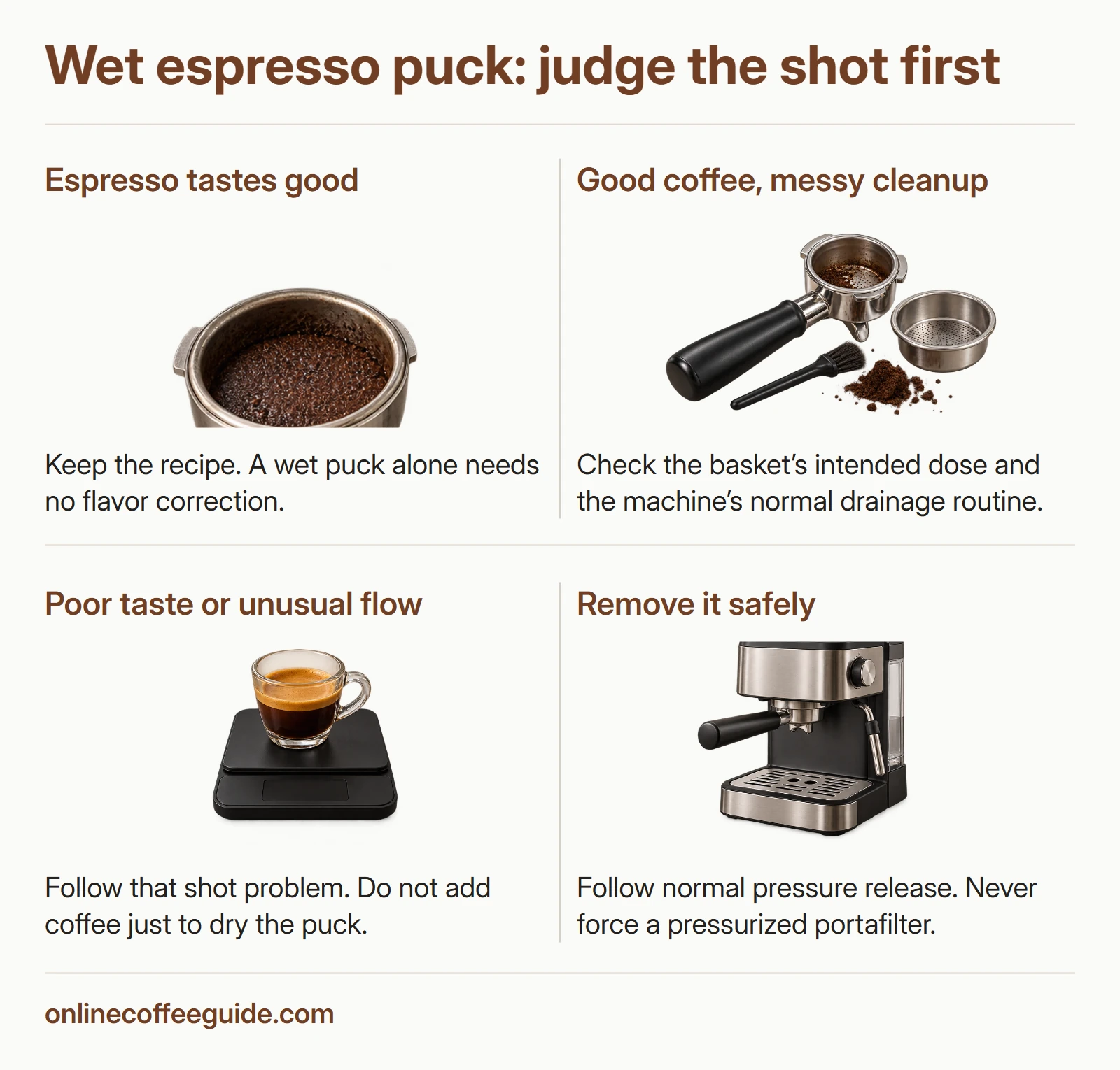 Wet-puck checks separating good espresso with messy cleanup from poor shots and changed drainage.